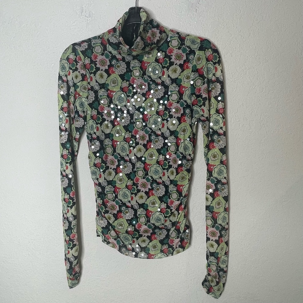 Cinq a Sept Long Sleeve Sequin Mesh Top Size S Floral Ruched High Neck Glam